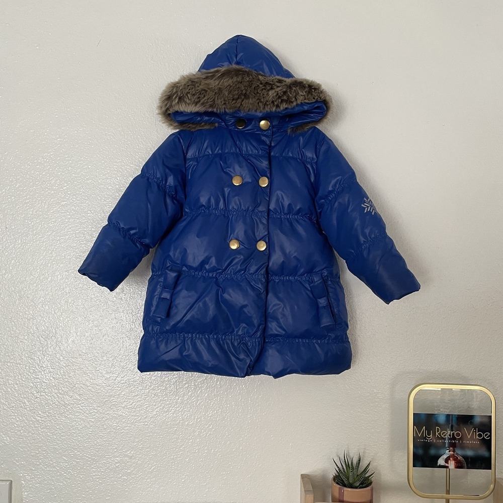 Hanna Andersson Girls Down Coat Size 90 3T Blue Faux Fur Trim